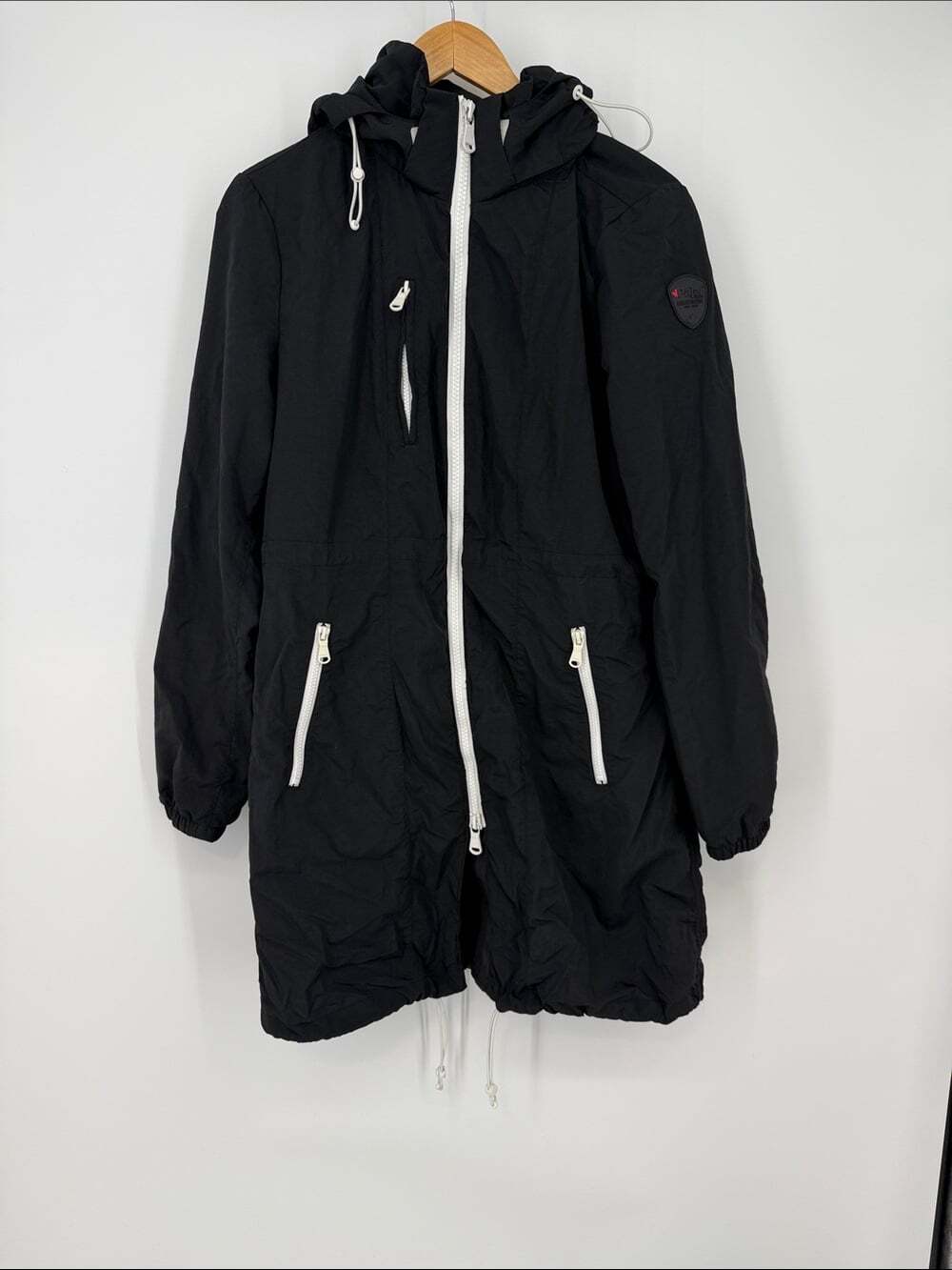 Pajar Black Hooded Trench Coat with White Zippers Size Large